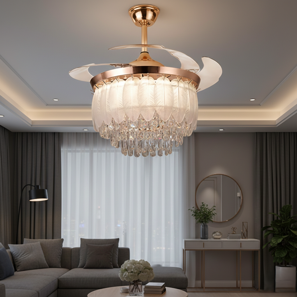 Glamorous Feather Glass Chandelier Fan